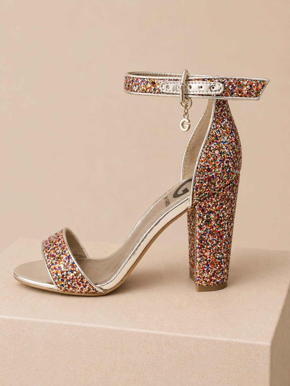 G by Guess Multicolor Glitter Block Heel Ankle Strap Sandal